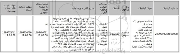 مناقصه عمومی یک مرحله ای حسابرسی صورتهای مالی تلفیقی مربوط به سال مالی منتهی به 29 اسفند ماه 1399دانشگاه علوم پزشکی کردستان(نوبت دوم)