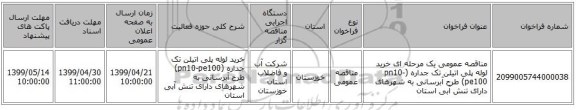مناقصه عمومی یک مرحله ای خرید لوله پلی اتیلن تک جداره (pn10-pe100) طرح آبرسانی به شهرهای دارای تنش آبی استان