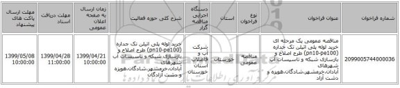 مناقصه عمومی یک مرحله ای خرید لوله پلی اتیلن تک جداره (pn10-pe100) طرح اصلاح و بازسازی شبکه و تاسیسات آب شهرهای  آبادان،خرمشهر،شادگان،هویزه و دشت آزاد