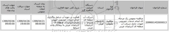 مناقصه عمومی یک مرحله ای انجام خدمات خودرویی امورات جاری شرکت آب منطقه ای آذربایجان غربی