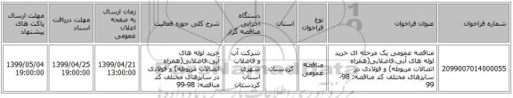 مناقصه عمومی یک مرحله ای خرید لوله های آبی،فاضلابی(همراه اتصالات مربوطه) و فولادی در سایزهای مختلف کد مناقصه: 98-99