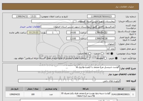استعلام گوشت شینسل مرغ منجمد با کیفیت وتاریخ بالا