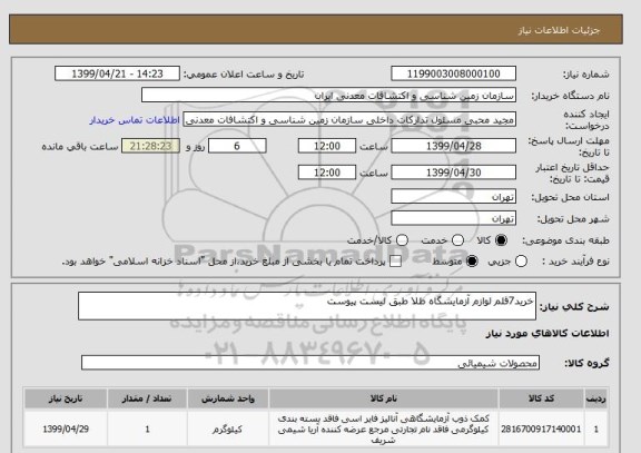 استعلام خرید7قلم لوازم آزمایشگاه طلا طبق لیست پیوست