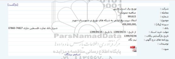 مناقصه انتقال نیرو و برقرسانی به شبکه های توزیع در شهرستان