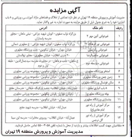 مزایده اجاره تعدادی از املاک و فضاهای مازاد آموزشی، ورزشی و 8 باب انباری