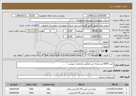 استعلام خرید 5000 متر پارچه جین مطابق مشخصات پیوست