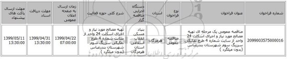 مناقصه عمومی یک مرحله ای تهیه مصالح مورد نیاز و اجرای اسکلت 24 واحد از سایت شماره  4 طرح تفکیکی سرریگ سوم شهرستان  بندرعباس  (بدون میلگرد ) 