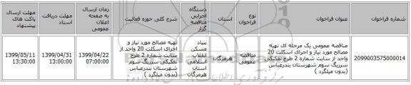 مناقصه عمومی یک مرحله ای تهیه مصالح مورد نیاز و اجرای اسکلت 20 واحد از سایت شماره  2 طرح تفکیکی سرریگ سوم شهرستان  بندرعباس  (بدون میلگرد ) 
