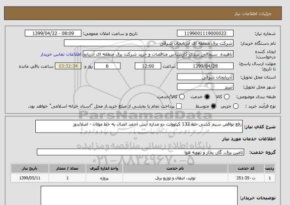 استعلام رفع نواقص سیم کشی خط 132 کیلوولت دو مداره آبش احمد اتصال به خط مولان - اصلاندوز