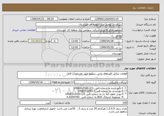 استعلام قطعات یدکی کلیدهای پارس سوئیچ طبق مشخصات فنی 
