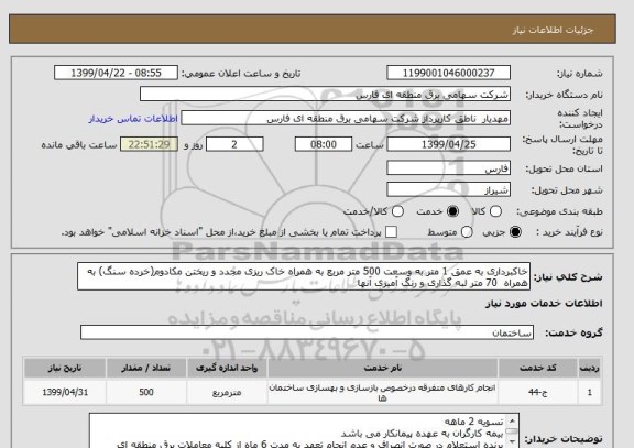 استعلام خاکبرداری به عمق 1 متر به وسعت 500 متر مربع به همراه خاک ریزی مجدد و ریختن مکادوم(خرده سنگ) به همراه  70 متر لبه گذاری و رنگ آمیزی آنها