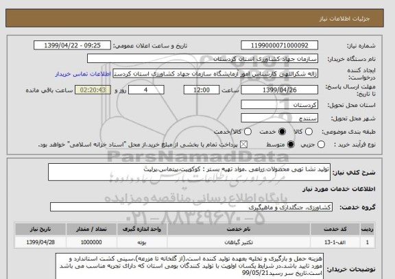استعلام تولید نشا توپی محصولات زراعی .مواد تهیه بستر : کوکوپیت،پیتماس،پرلیت