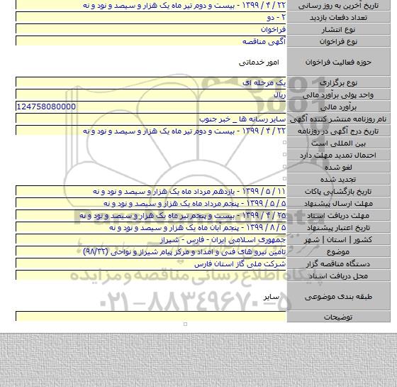 تامین نیرو های فنی و امداد و مرکز  پیام شیراز و نواحی (۹۸/۳۲)