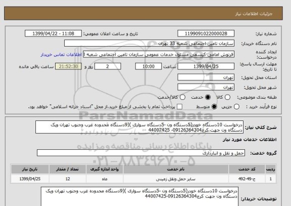 استعلام درخواست 10دستگاه خودر(5دستگاه ون -5دستگاه سواری )(9دستگاه محدوده غرب وجنوب تهران ویک دستگاه ون جهت کرج09126364304- 44007425