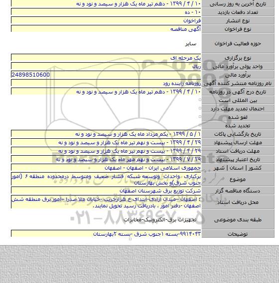 برکناری واحداث وتوسعه  شبکه فشار ضعیف ومتوسط درمحدوده منطقه ۶ (امور جنوب شرق)و بخش بهارستان