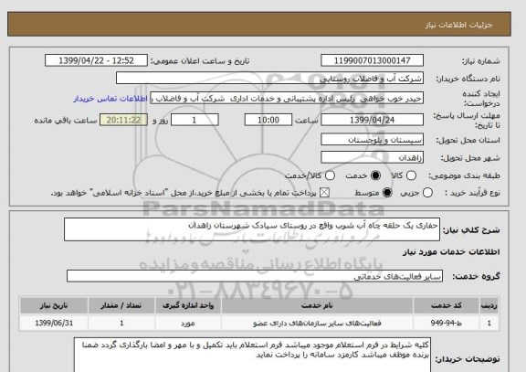 استعلام حفاری یک حلقه چاه آب شرب واقع در روستای سیادک شهرستان زاهدان 