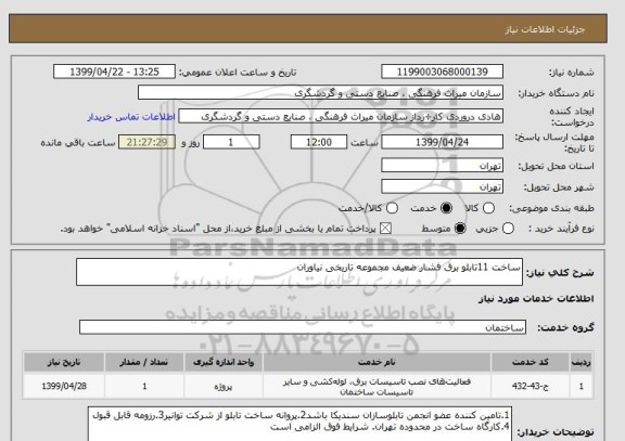 استعلام ساخت 11تابلو برق فشار ضعیف مجموعه تاریخی نیاوران