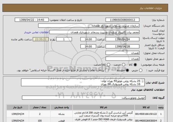 استعلام 25 بشکه روغن موتور40 بهران توان
16 بشکه روغن هیدرولیک 68 بهران
100 عدد روغن 1لیتری هیدرولیک فرمان
گریس شاسی معمولی 2بشکه