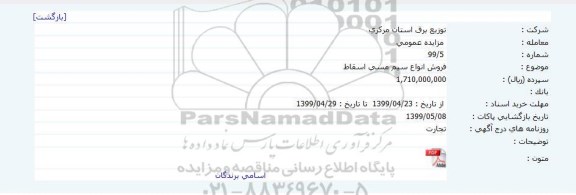 مزایده، مزایده فروش انواع سیم مسی اسقاط