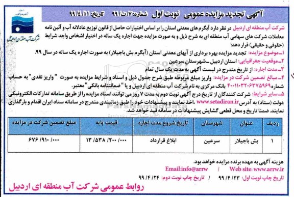 تجدید مزایده عمومی, تجدید مزایده آبگرم های معدنی استان