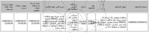 مناقصه عمومی یک مرحله ای تجدید مرتبه دوم مناقصه شماره 990021 (انجام عملیات کیسه زنی بنتونیت پالت زنی ،انبارش، بارگیری و نظافت آبجکتها در محوطه دانه بن