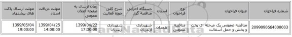 مناقصه عمومی یک مرحله ای پخت و پخش و حمل آسفالت
