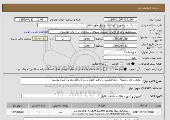 استعلام  ترانک . کابل شبکه . رابط فلکسی . باکس فلزی و ... 19 قلم مطابق شرح پیوست