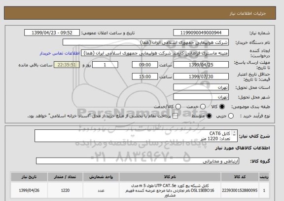 استعلام کابل CAT6
تعداد: 1220 متر
ایران کد جهت تشابه میباشد
