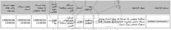 مناقصه عمومی یک مرحله ای پروژه احداث و اجرا شبکه داخلی مخابرات فاز5 و تکمیل مخابرات فاز2 شهرک صنعتی بزرگ شیراز