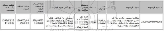 مناقصه عمومی یک مرحله ای تامین خودروهای سواری برای ماموریتهای اداری داخل تهران و ماموریتهای برون شهری