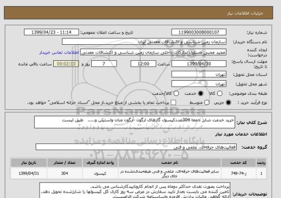 استعلام خرید خدمت شارژ جمعا 304عددکپسول گازهای ارگون -آرگون متان واستیلن و.....   طبق لیست