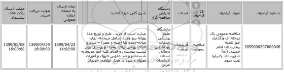 مناقصه عمومی یک مرحله ای واگذاری امور تغذیه بیمارستان امام خمینی (ره) شهرستان چایپاره - نوبت سوم