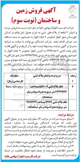 آگهی مزایده  مزایده فروش عرصه و اعیان 2 قطعه پلاک ثبتی نوبت سوم 