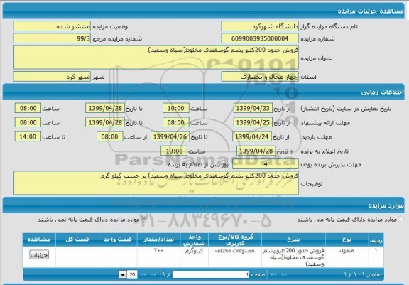 مزایده فروش حدود 200 کیلو پشم گوسفندی