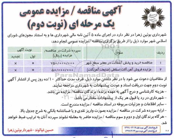 مزایده فروش آهن آلات اسقاطی ضایعات آهن آلات نوبت دوم