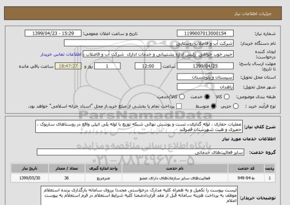 استعلام عملیات حفاری ، لوله گذاری ، تست و پوشش نهائی شبکه توزیع با لوله پلی اتیلن واقع در روستاهای ساربوک ، حمیری و هیت شهرستان قصرقند  