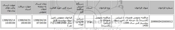 مناقصه عمومی همزمان با ارزیابی (فشرده) یک مرحله ای تامین نیروی برونسپار فنی سال 1399-1400