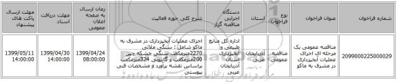 مناقصه عمومی یک مرحله ای اجرای عملیات آبخیزداری در مشرف به ماکو  