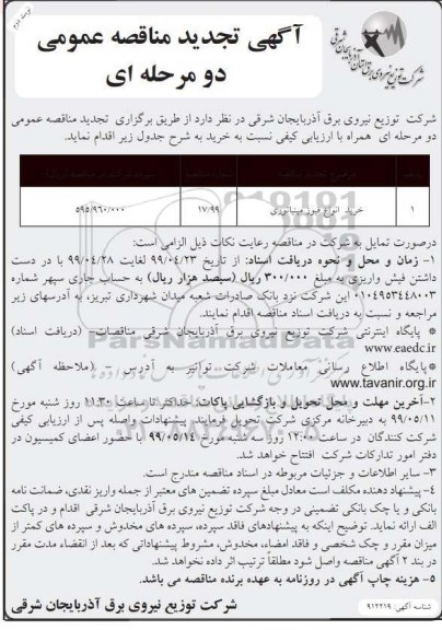 مناقصه عمومی ،تجدید مناقصه خرید انواع فیوز مینیاتوری - نوبت دوم