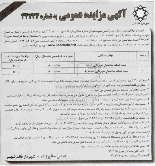مزایده ، مزایده واگذاری و بهره برداری قسمتی از فضای ساختمان شهرداری