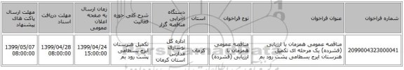 مناقصه عمومی همزمان با ارزیابی (فشرده) یک مرحله ای تکمیل هنرستان ایرج بسطامی پشت رود بم 