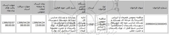 مناقصه عمومی همزمان با ارزیابی (فشرده) یک مرحله ای  بهسازی و نوسازی مدارس دوره اول متوسطه شهرستان رفسنجان (حصارکشی مدارس شیخ فضل ا.. نوری رفسنجان و   حضرت معص