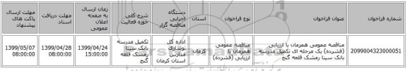 مناقصه عمومی همزمان با ارزیابی (فشرده) یک مرحله ای تکمیل مدرسه  بانک سینا رمشک قلعه گنج 