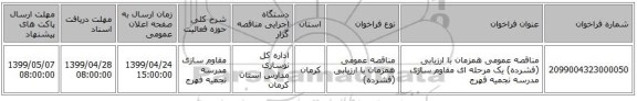 مناقصه عمومی همزمان با ارزیابی (فشرده) یک مرحله ای مقاوم سازی مدرسه نجمیه فهرج 