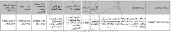 مناقصه عمومی دو مرحله ای خرید دو دستگاه چیلر جذبی دو اثره شعله مستقیم به ظرفیت واقعی 150 تن و یکدستگاه برج خنک کن برای بیمارستان تکاب