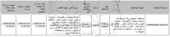 مناقصه عمومی یک مرحله ای اجرای عملیات نگهداری ، آبیاری ، هرس کردن و فرم دهی ، نظافت و پاکسازی ، کاشت نهال و درخت ، سمپاشی ، حفاظت و انجام امور مربوط ب