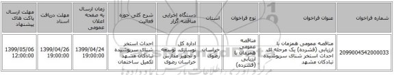 مناقصه عمومی همزمان با ارزیابی (فشرده) یک مرحله ای احداث استخر شنای سرپوشیده تبادکان مشهد