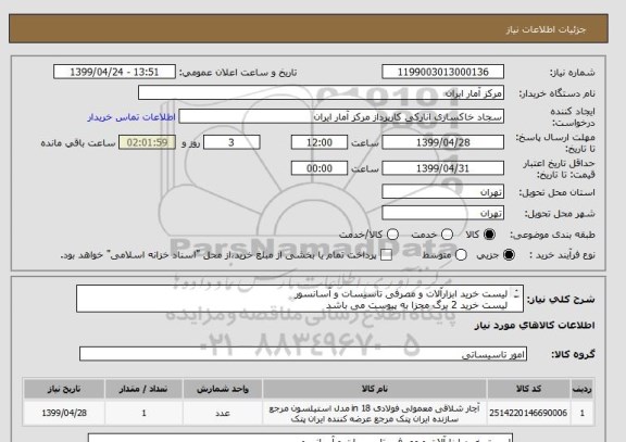 استعلام لیست خرید ابزارآلات و مصرفی تاسیسات و آسانسور 
لیست خرید 2 برگ مجزا به پیوست می باشد 
در یک مبلغ کلی اعلام گردد 
ایرانی و مرغوب 