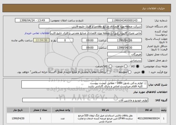 استعلام لوازم یدکی بلدوزر D8N - مطابق لیست پیوست
کلیه اقلام میبایست اصلی و دارای گارانتی باشد
هزینه حمل و ارسال کالا بر عهده فروشنده است