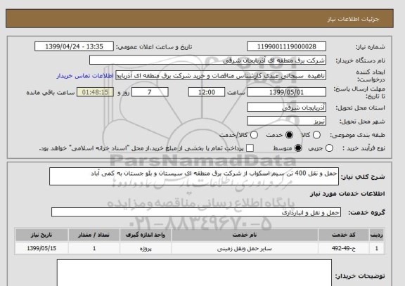 استعلام حمل و نقل 400 تن سیم اسکواب از شرکت برق منطقه ای سیستان و بلو جستان به کمی آباد 
